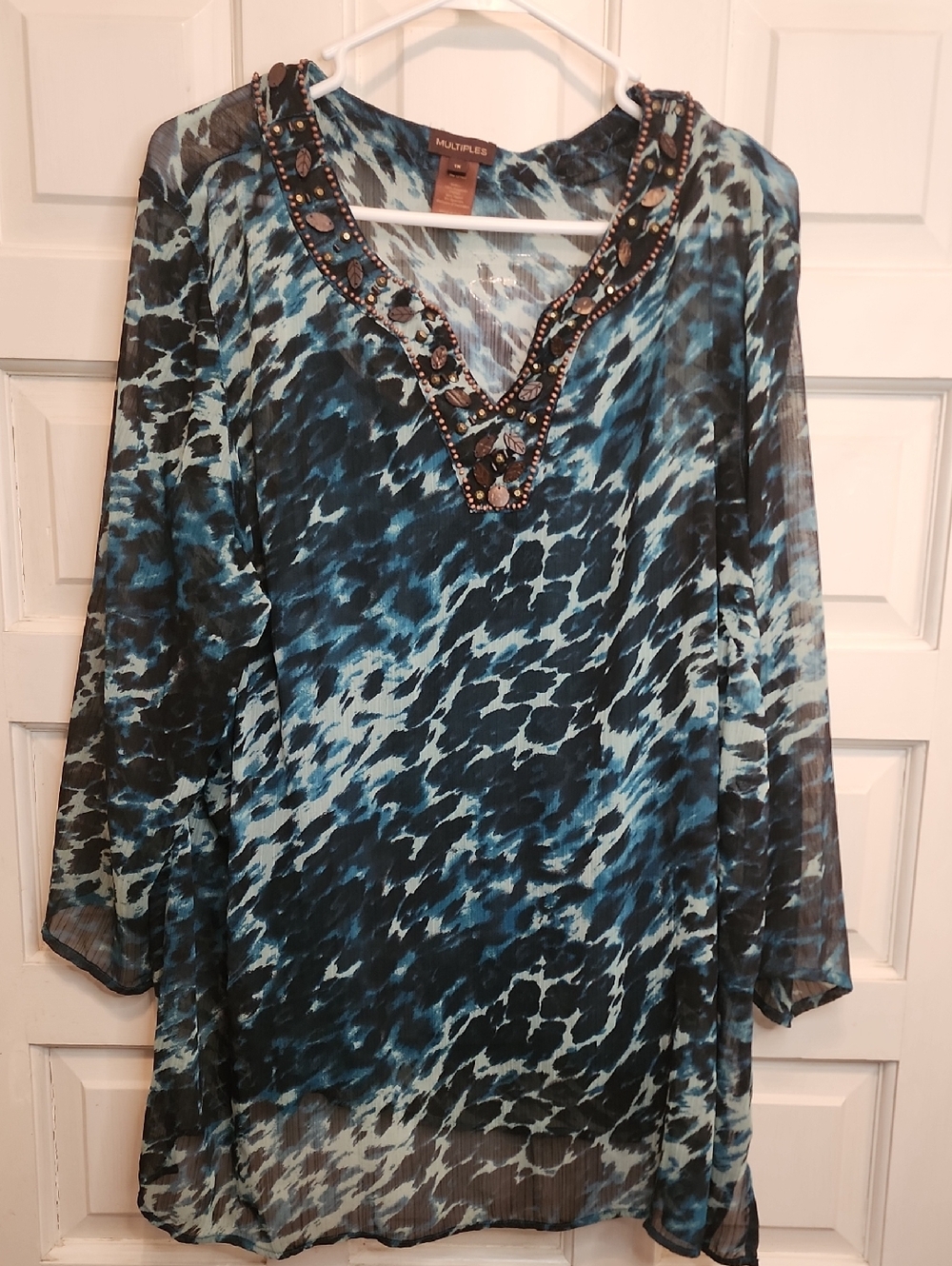 Multiples Blue Green Teal Patterned Beaded V-Neck Tunic Top 1X